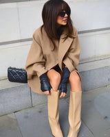 Mid-Length Wool Blend Coat with Lapel Collar and Batwing Sleeves