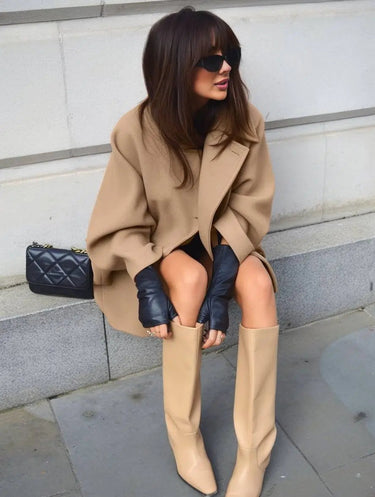 Mid-Length Wool Blend Coat with Lapel Collar and Batwing Sleeves