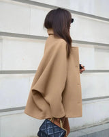 Mid-Length Wool Blend Coat with Lapel Collar and Batwing Sleeves