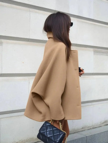 Mid-Length Wool Blend Coat with Lapel Collar and Batwing Sleeves