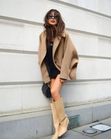 Mid-Length Wool Blend Coat with Lapel Collar and Batwing Sleeves