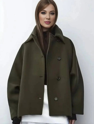 Mid-Length Wool Blend Coat with Lapel Collar and Batwing Sleeves