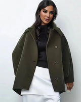 Mid-Length Wool Blend Coat with Lapel Collar and Batwing Sleeves