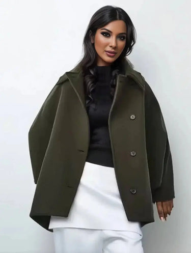 Mid-Length Wool Blend Coat with Lapel Collar and Batwing Sleeves