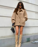 Mid-Length Wool Blend Coat with Lapel Collar and Batwing Sleeves