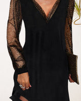 Midi Dress with Sheer Long Sleeves and V-Neck