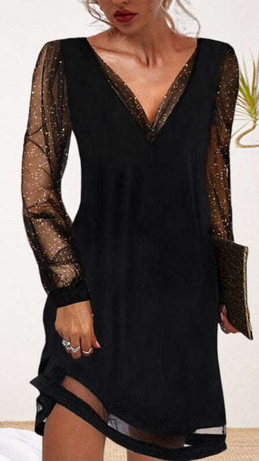 Midi Dress with Sheer Long Sleeves and V-Neck