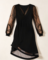 Midi Dress with Sheer Long Sleeves and V-Neck