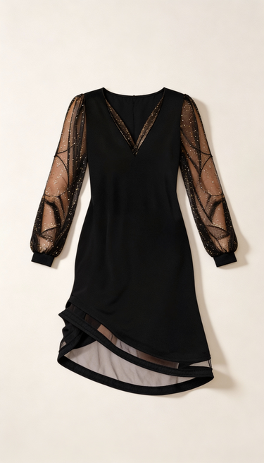 Midi Dress with Sheer Long Sleeves and V-Neck