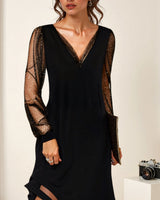 Midi Dress with Sheer Long Sleeves and V-Neck