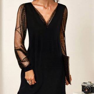 Midi Dress with Sheer Long Sleeves and V-Neck