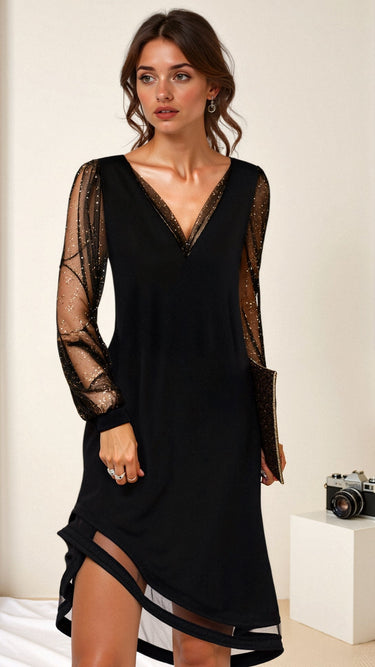 Midi Dress with Sheer Long Sleeves and V-Neck