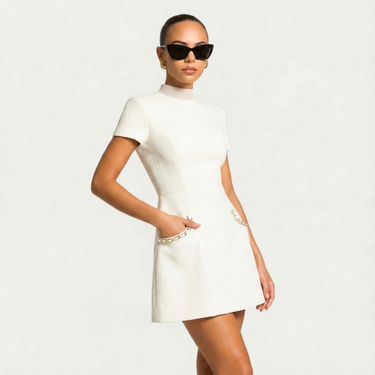 Mini Dress with Pearl Trim and Pocket Detail
