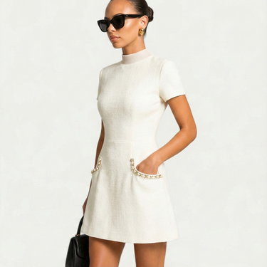 Mini Dress with Pearl Trim and Pocket Detail