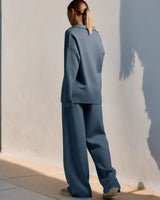 Minimalist Lounge Set with Open Collar Top and Wide Leg Pants