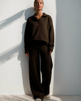 Minimalist Lounge Set with Open Collar Top and Wide Leg Pants