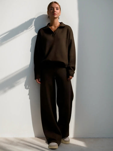 Minimalist Lounge Set with Open Collar Top and Wide Leg Pants