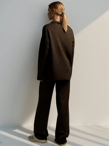 Minimalist Lounge Set with Open Collar Top and Wide Leg Pants