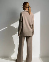 Minimalist Lounge Set with Open Collar Top and Wide Leg Pants