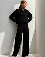 Minimalist Lounge Set with Open Collar Top and Wide Leg Pants