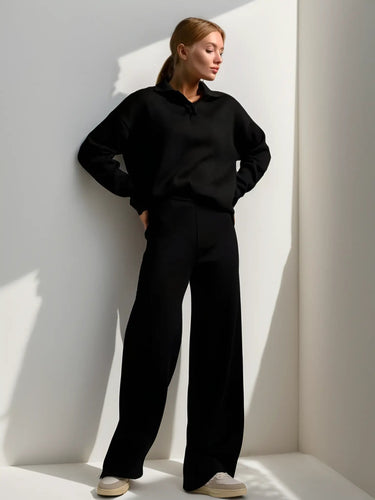 Minimalist Lounge Set with Open Collar Top and Wide Leg Pants