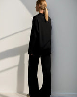 Minimalist Lounge Set with Open Collar Top and Wide Leg Pants
