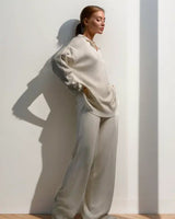 Minimalist Lounge Set with Open Collar Top and Wide Leg Pants