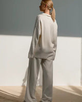 Minimalist Lounge Set with Open Collar Top and Wide Leg Pants