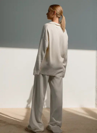 Minimalist Lounge Set with Open Collar Top and Wide Leg Pants