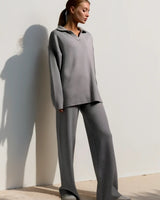 Minimalist Lounge Set with Open Collar Top and Wide Leg Pants