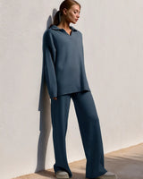 Minimalist Lounge Set with Open Collar Top and Wide Leg Pants