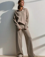 Minimalist Lounge Set with Open Collar Top and Wide Leg Pants