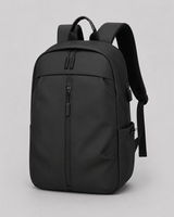 Front view of a minimalist structured backpack with a clean silhouette and front zip pocket