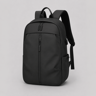 Front view of a minimalist structured backpack with a clean silhouette and front zip pocket