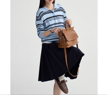 Vintage Women’s Striped Long Sleeve Polo Sweater with Button Placket