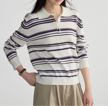 Vintage Women’s Striped Long Sleeve Polo Sweater with Button Placket