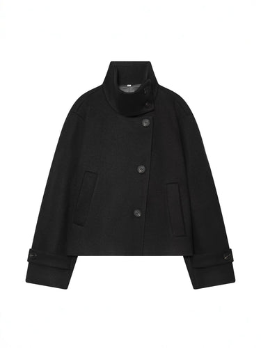 Mid-Length Wool Blend Coat with Lapel Collar and Batwing Sleeves