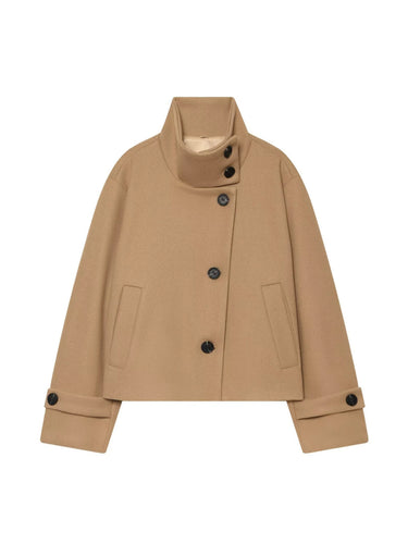 Mid-Length Wool Blend Coat with Lapel Collar and Batwing Sleeves