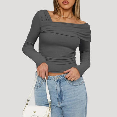 Off Shoulder Long Sleeve Bardot Top with Draped Neckline