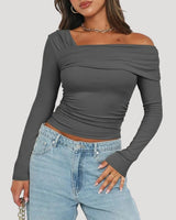 Off Shoulder Long Sleeve Bardot Top with Draped Neckline