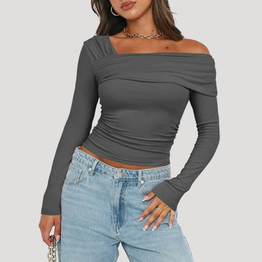 Off Shoulder Long Sleeve Bardot Top with Draped Neckline