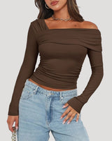 Off Shoulder Long Sleeve Bardot Top with Draped Neckline