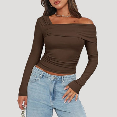 Off Shoulder Long Sleeve Bardot Top with Draped Neckline
