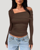 Off Shoulder Long Sleeve Bardot Top with Draped Neckline