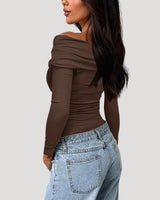 Off Shoulder Long Sleeve Bardot Top with Draped Neckline