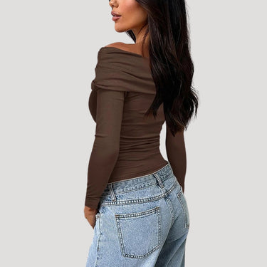 Off Shoulder Long Sleeve Bardot Top with Draped Neckline
