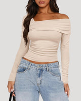 Off Shoulder Long Sleeve Bardot Top with Draped Neckline