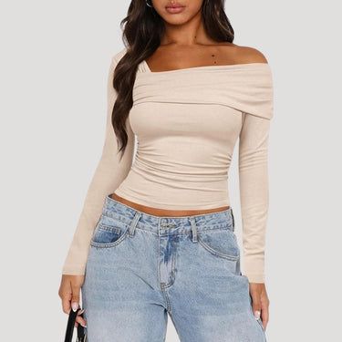 Off Shoulder Long Sleeve Bardot Top with Draped Neckline