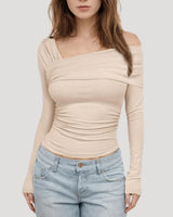 Off Shoulder Long Sleeve Bardot Top with Draped Neckline