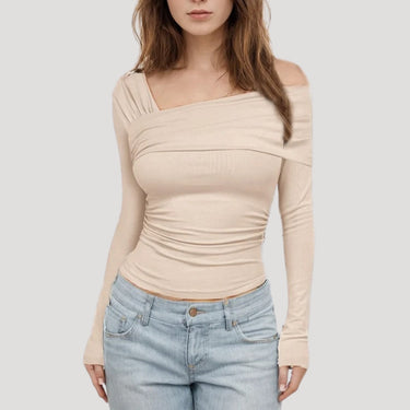 Off Shoulder Long Sleeve Bardot Top with Draped Neckline